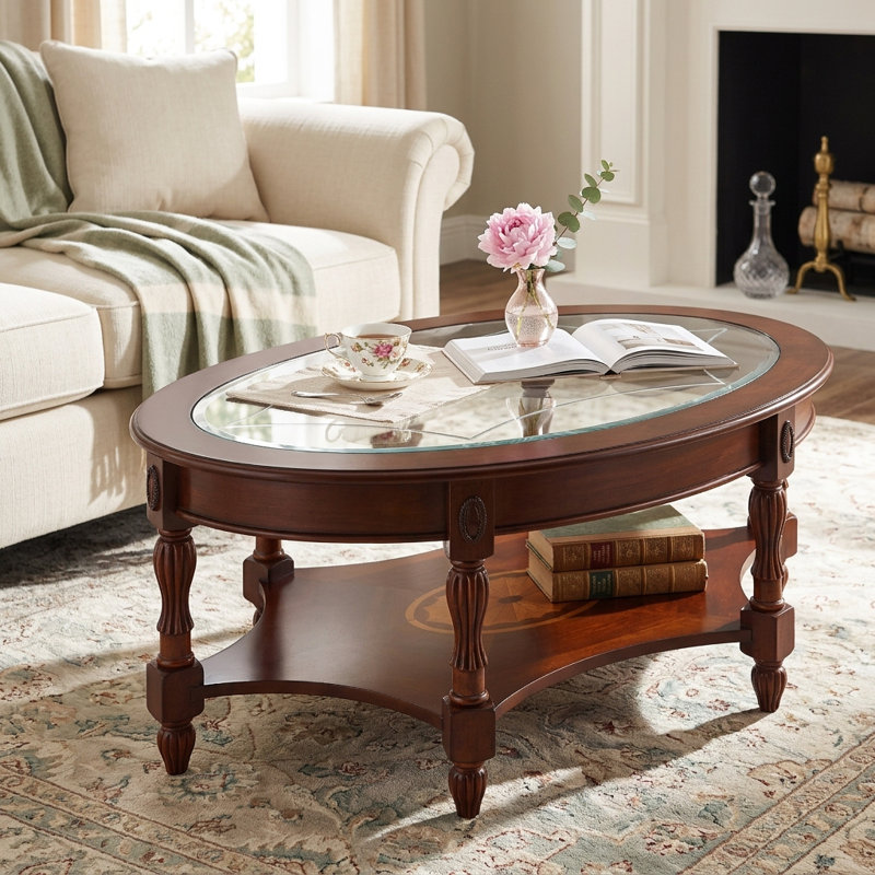 Wexford Collection Oval Glass Coffee Table with Solid Wood Frame & Storage Shelf, Mid Century Modern Oval Center Table for Living Room, Tempered Glass Top Cocktail Table with Carved Legs, Cherry Brown