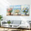 Ensemble de 3 tableaux sur toile tendue représentant un bouquet de fleurs et une scène de plage-580788746