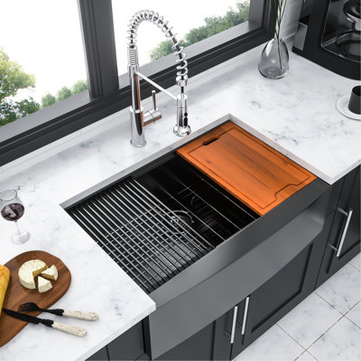 Apron Front Kitchen Sink Workstation Stainless Steel 33 Inch Gunmetal Black 33-Inch