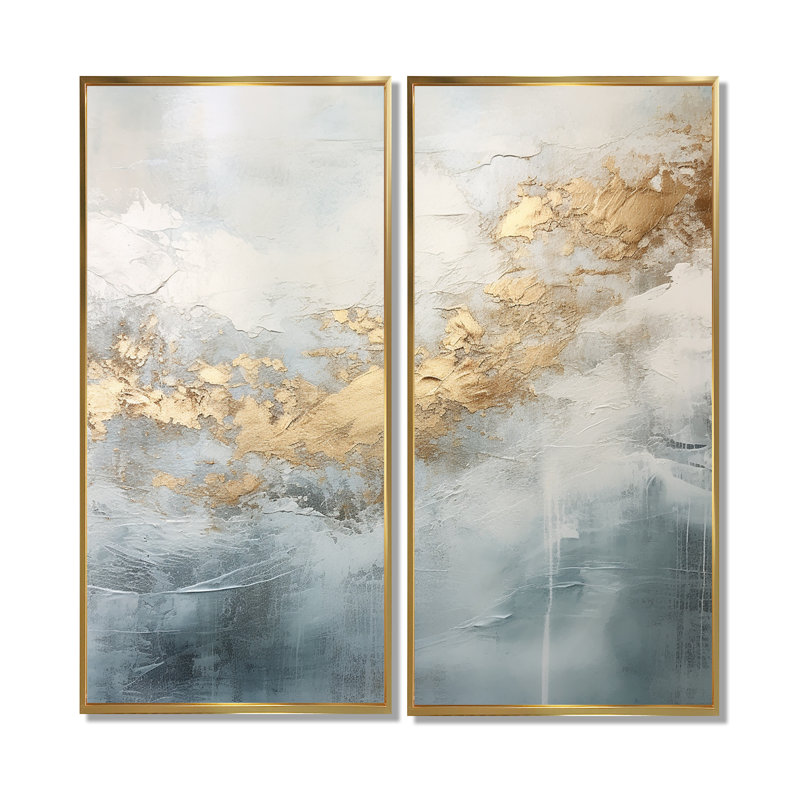 Beige bleu or océan tempête V - impressions sur toile dorées, H 20 po x l 24 po, Impression encadrée flottante, Doré