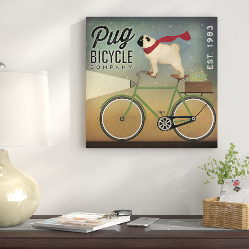 Pug Vélo Co., impression sur toile tendue, H 18 po x l 18 po x P 1,5 po, Toile encadrée noire, Pas de tapis