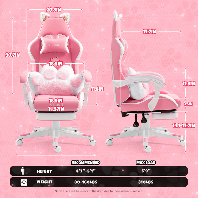 Gaming Chair - Pink PU Leather Ergonomic Reclining Office Chair with Footrest, 310lb Capacity, Pink