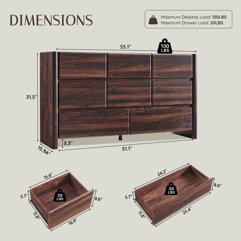 Commode 8 tiroirs Bolanos, 31.5" H x 55.1" W x 15.94" D, Brun