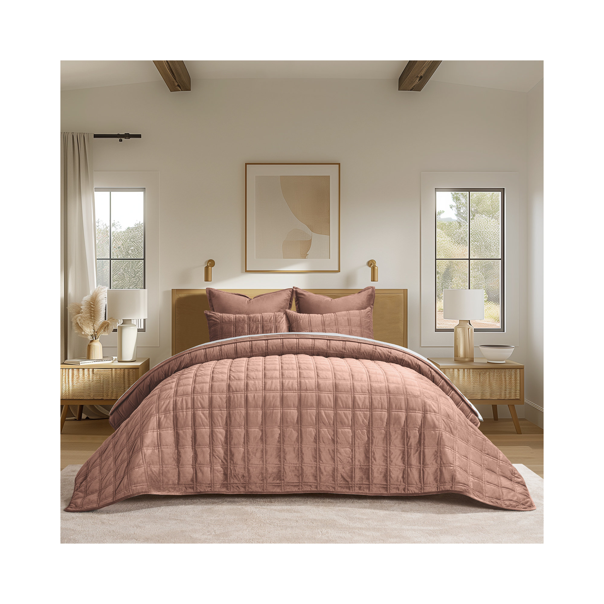 Double Box Stitch Velvet Quilt set, Terracotta Clay, Queen Quilt + 2 Queen Shams