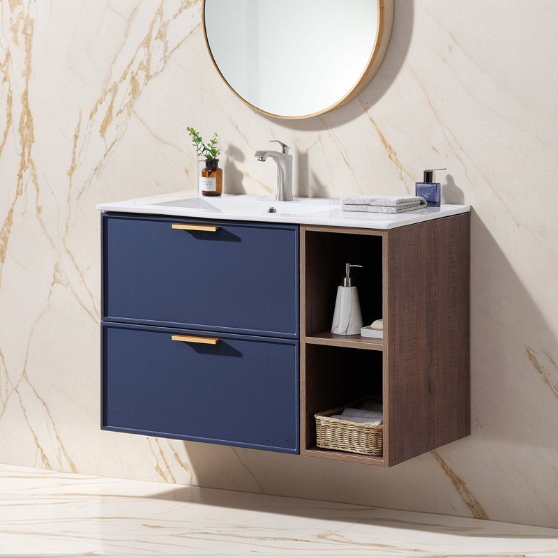Ensemble de meuble-lavabo mural moderne bleu 36 po
