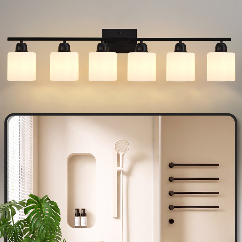  Éclairage de salle de bain à intensité variable 6 lumières avec abat-jour en verre de lait givré, Noir mat, Six lumières