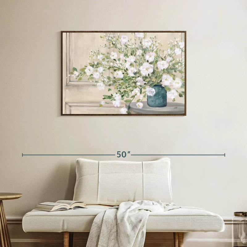 Bouquet blanc, 37 po x 25 po, Cadre flottant en noyer