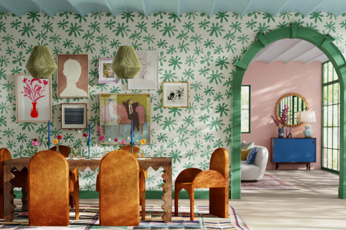 eclectic maximalism dining room with green patterned wallpaper