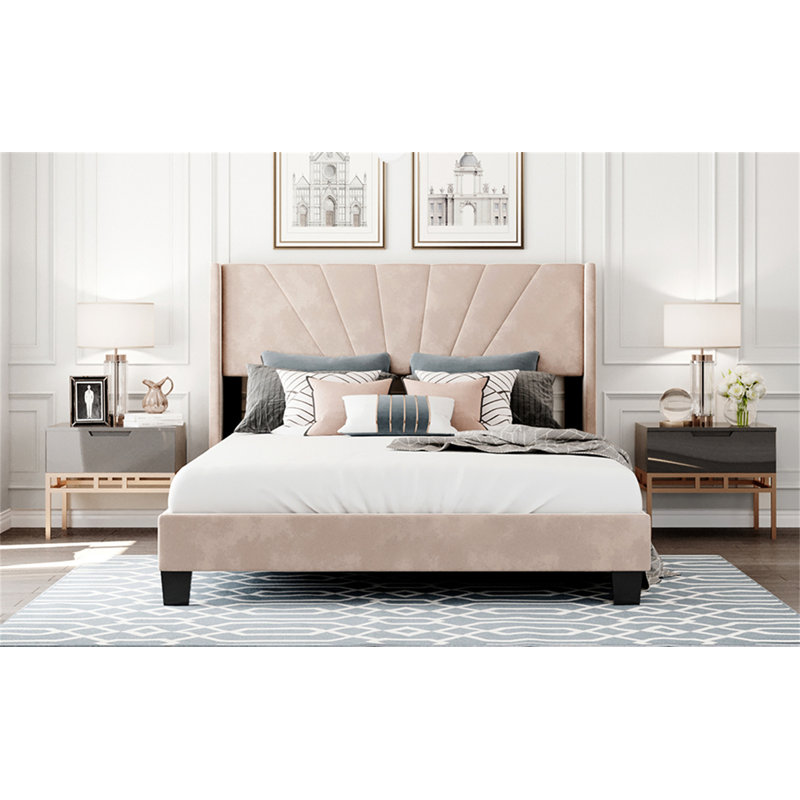 Lit plateforme tapissier en velours, Beige