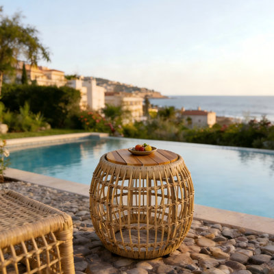 Compact Patio Tables, Acacia Wood Wicker Coastal Style For Patio Home