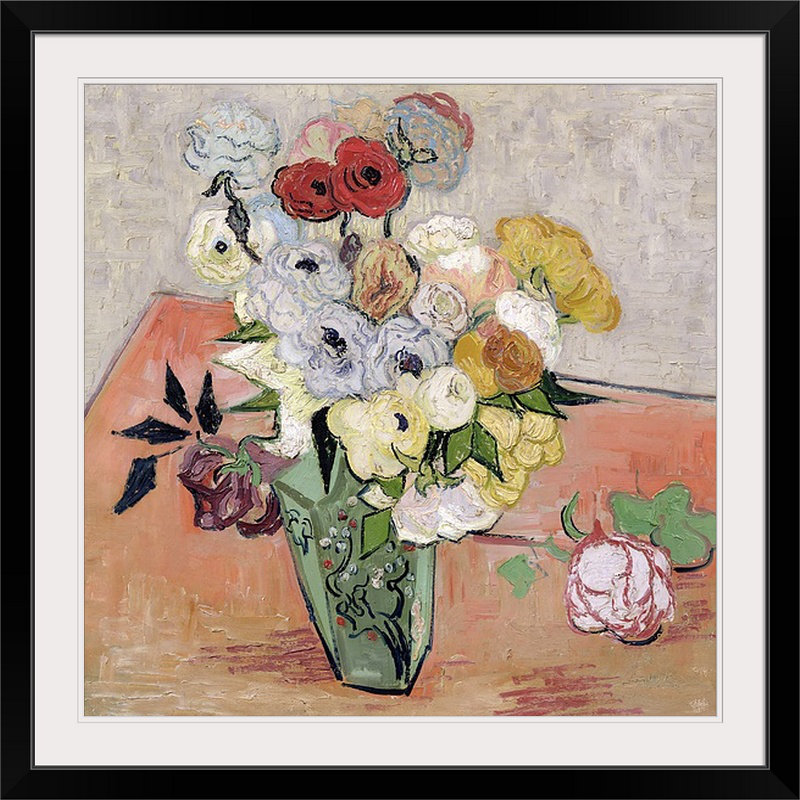 Roses et anémones, 1890 par Vincent Van Gogh - reproduction, H 28 x l 28 po x P 1 po, Cadre noir