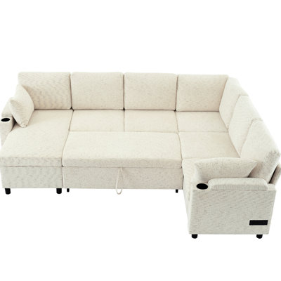 Beige With Armrest Storage & Convertible Bed, Bed Hidden Charging Function, Soft Chenille Upholstery,
