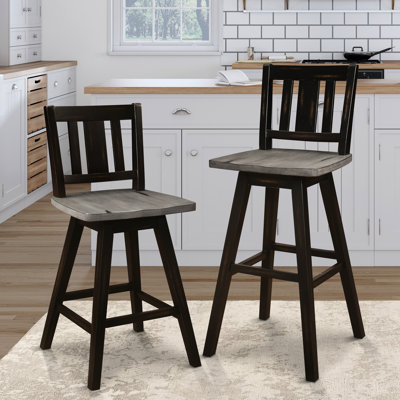 2 chaises de pub de hauteur, en bois massif, gris et noir patiné, pivotant à 360 degrés, dossier à lattes verticales pour la salle à manger 2 chaises pivotantes, bois d'hévéa, dossier, sièges de pièce