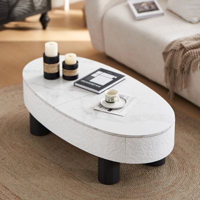 Table basse Mid-Century ovale: plateau en faux marbre et rangement de tiroir caché | Idée de cadeau