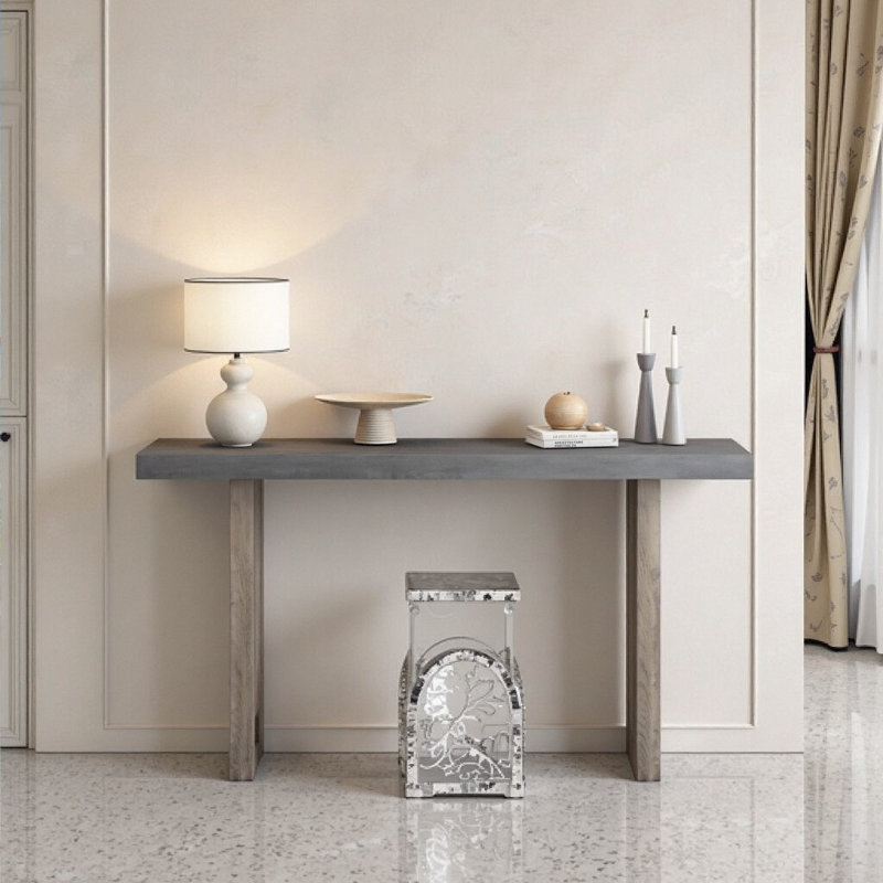 Distinctive Shape Oak Veneer Hall Table - 59 Inch Entryway Console, Modern Foyer & Living Room Accent, Gray