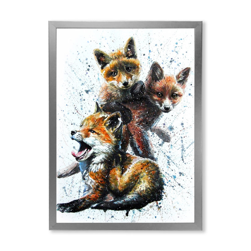 Petits renards - peinture, H 32 po x l 16 po x P 1 po, Cadre photo argenté