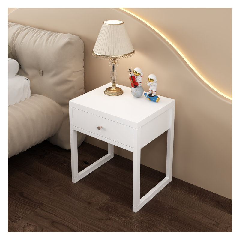 Table de chevet blanche moderne avec tiroir - Table de chevet minimaliste pour la chambre à coucher, petite table de chevet compacte avec assemblage facile