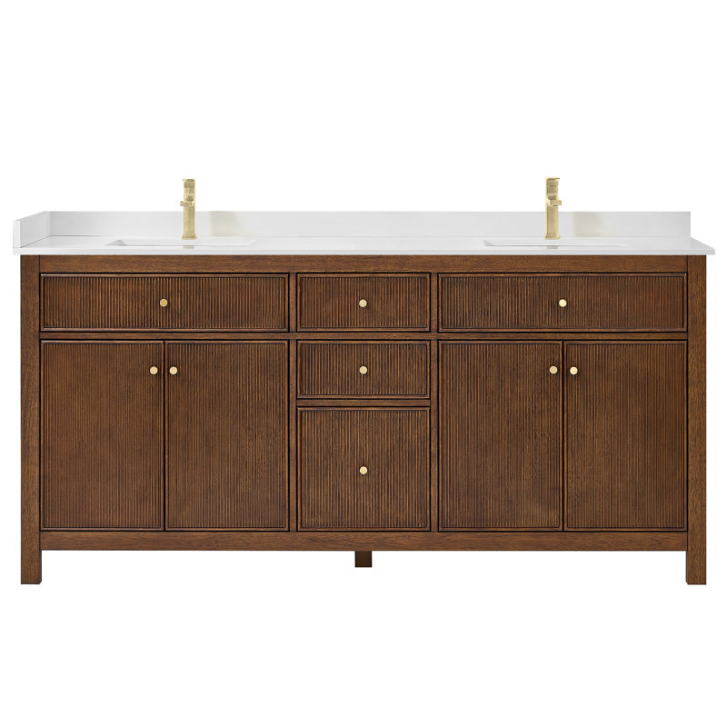 Elan TK 66" Freestanding Double Bathroom Vanity with Cultured Marble Top, Giotto Quartz, Brushed Gold, Tanned Oak