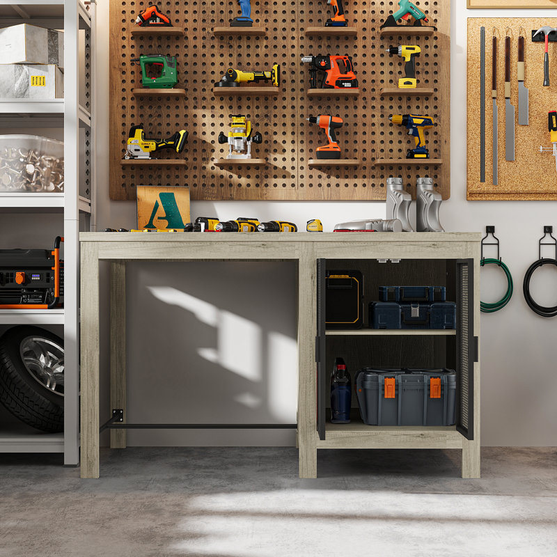 Oak-Finish Garage Work Bench With Mesh Cabinet Door And Adjustable Shelf