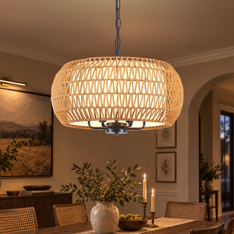 6 - Light 18.89'' Dimmable Bohemian Drum Natural Rattan Chandelier, Black