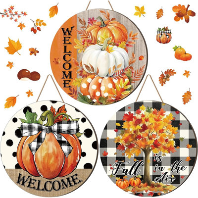 3 pièces de décoration de porte d'automne citrouille en bois avec feuilles d'érable, panneaux de bienvenue d'automne rustique pour l'Action de grâce, porche de ferme de récolte, décoration murale et saisonnière