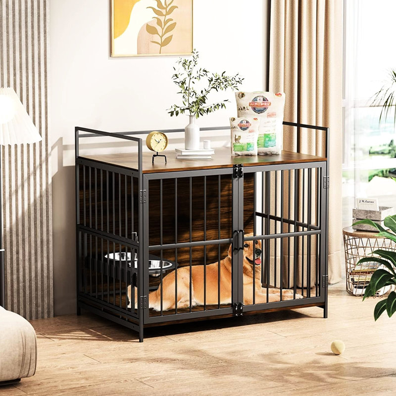 Heavy Duty 41" Indoor Dog Crate, Cage For Large Dogs With Chew Build And Feeding Facility Dogs' Convenient Setup