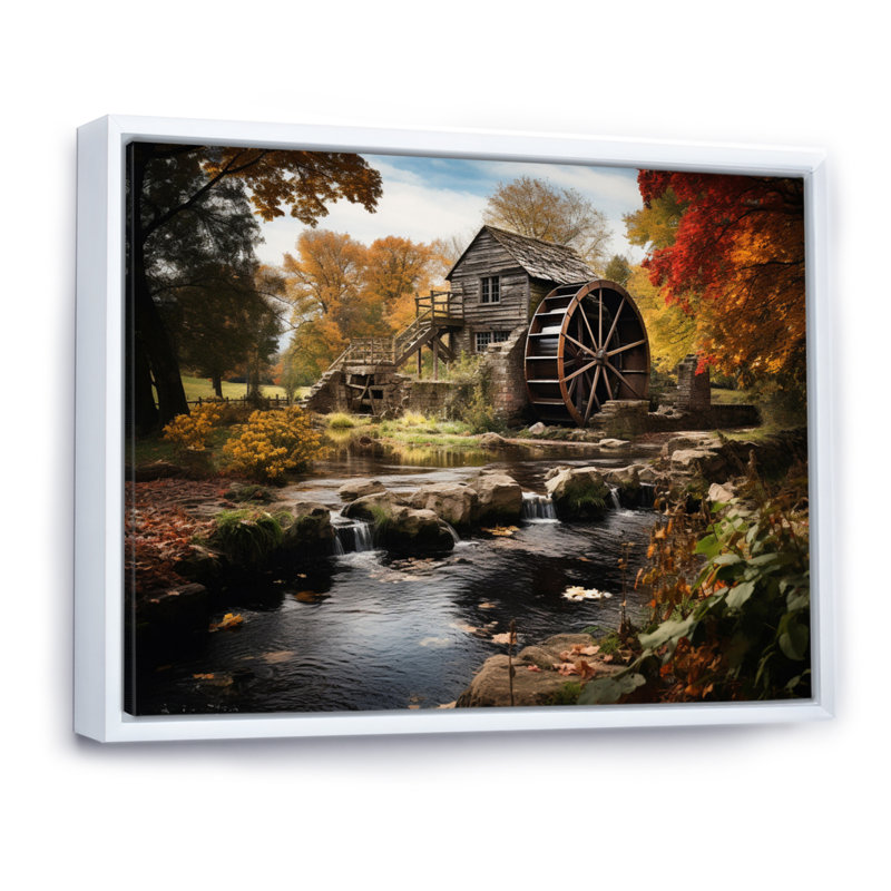 Moulins, moulin automnal encadré sur toile, H 16 po x l 32 po x P 1 po, Cadre flottant blanc