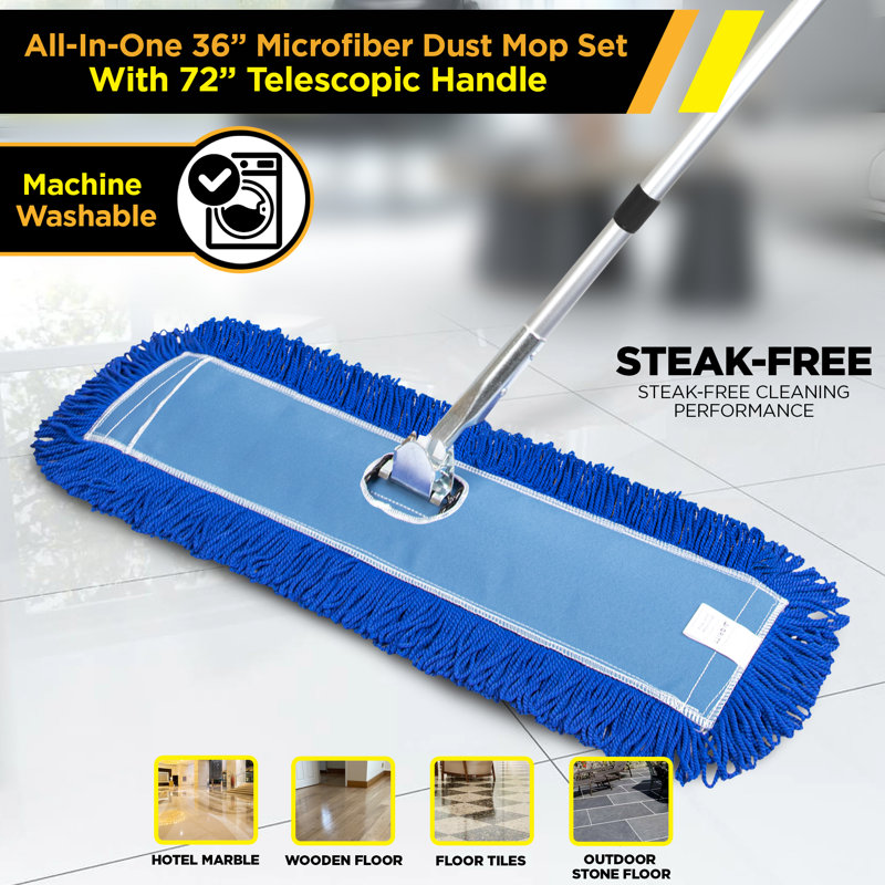 Gritt Commercial All-In-One 60” Microfiber Dust Mop Set With 72" Telescopic Handle, 72" H x 36" W x 5" D