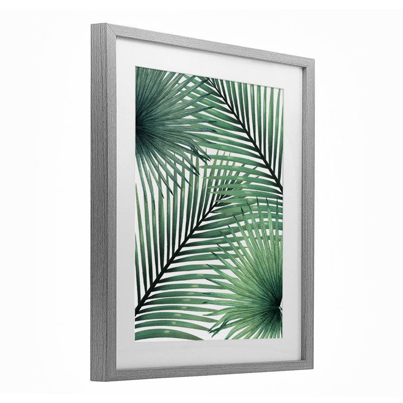 «Clean Tropics Layered Palms», reproduction sous verre encadrée, design par Inconnu, H 16 po x l 13 po, Cadre de ferme gris