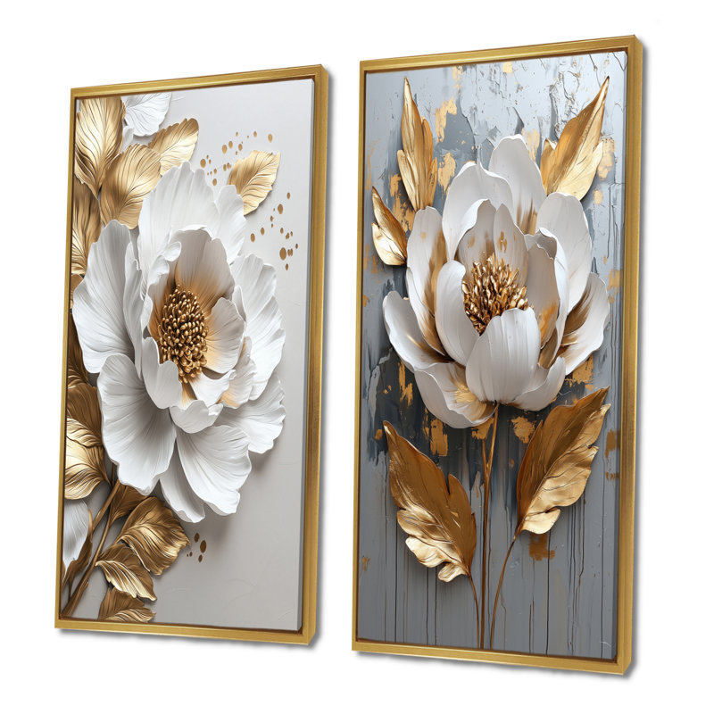 Ensemble de 2 pièces d'art mural pivoines dorées et blanches, H 28 po x l 24 po, Cadre flottant doré