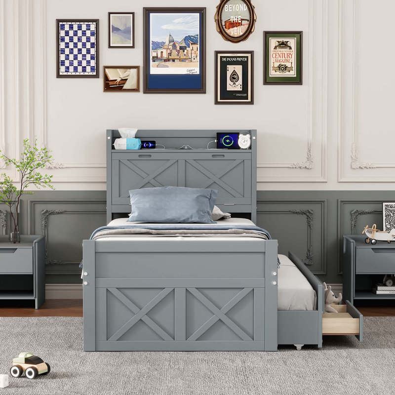 Twin Size Wooden Bed with Storage Headboard and Outlets, Extendable with Twin Trundle and Three Drawers, Grey