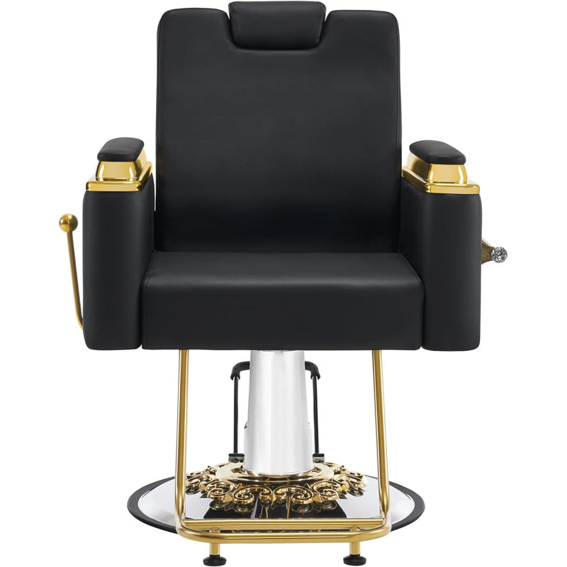 Inbox Zero Luxurious Barber Chair with Hydraulic Pump, Adjustable Reclining Salon Chair, Black Sponge