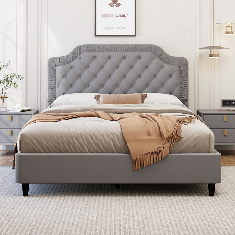 Lit gris très grand, tête de lit avec capitonnage à boutons, sans sommier, fabrication en bois et en métal, capacité de poids de 600 lb, lit et tête de lit en velours, besoin de ressort, longue durée