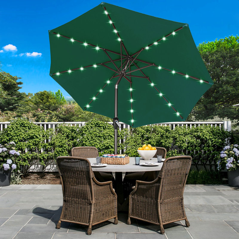 Parasol de marché éclairé Caerphilly, Vert, H 96,5 po x l 125,9 po x P 125,9 po