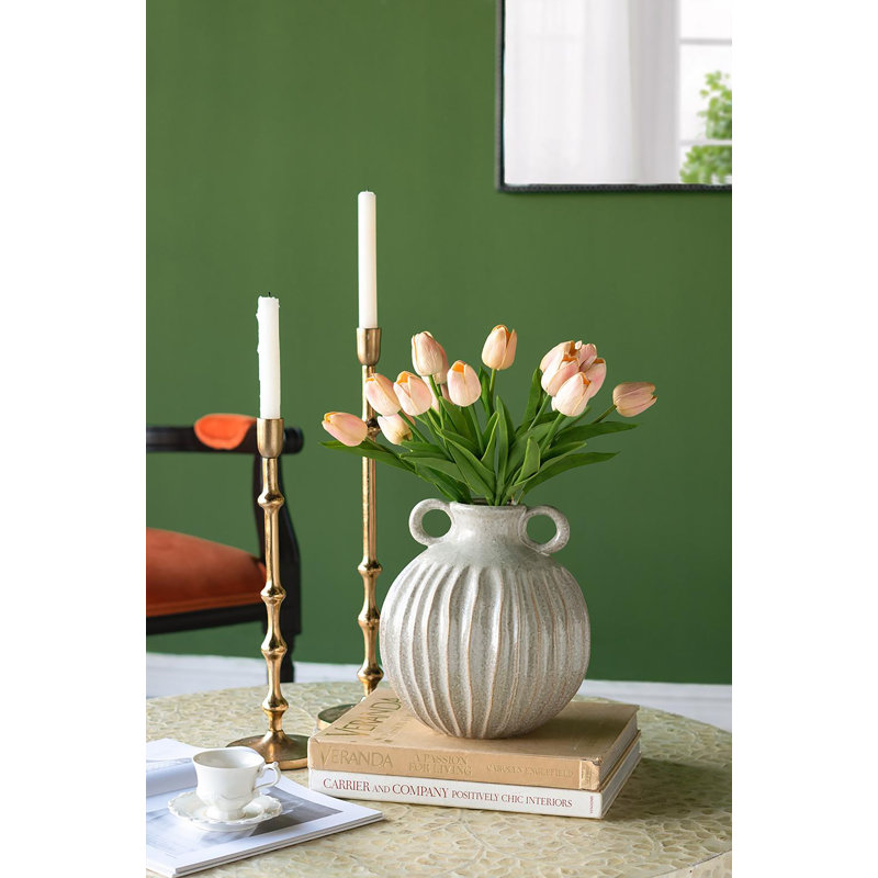 Decorative Round Ceramic Flower Vase with Small Handles and Textured Motif - 9" x 9" x 10" - Gold