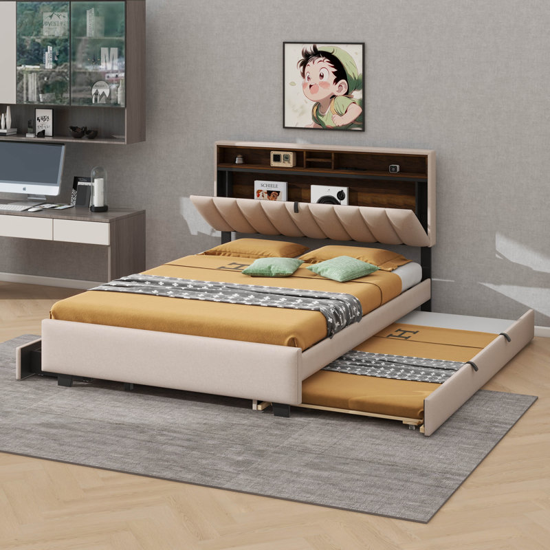 Lit plateforme tapissier avec tête de lit, Beige, Grand lit