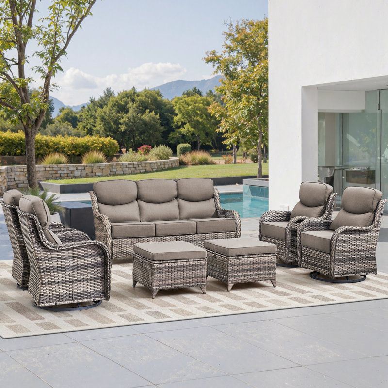 Wickes Haven 7-Person PE Wicker Outdoor Patio Conversation Set With 6" Thickness Cushions, Gray