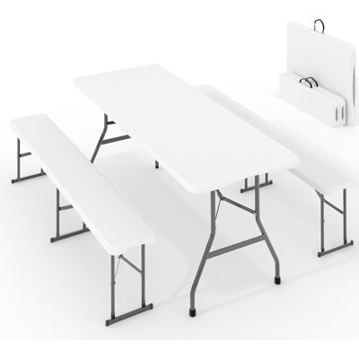 Ensembles de tables pliantes portatives de 6 pi avec 2 bancs, table pliable en plastique PEHD avec poignée de transport pour le camping, les fêtes, le pique-nique et les événements intérieur / extérieur - blanc