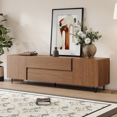 Meuble télé 70 po Mid-Century, console média en bois brun pour salon avec 2 tiroirs