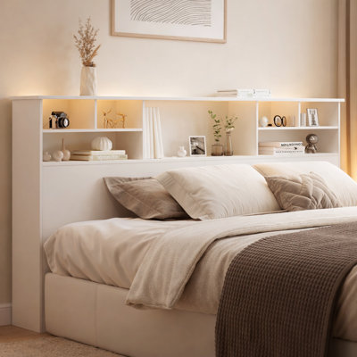 Queen/King Bookcase Headboard with Storage, LED Light & Charging Station, Modern Wood Headboard with Shelves & USB Ports for Bedroom