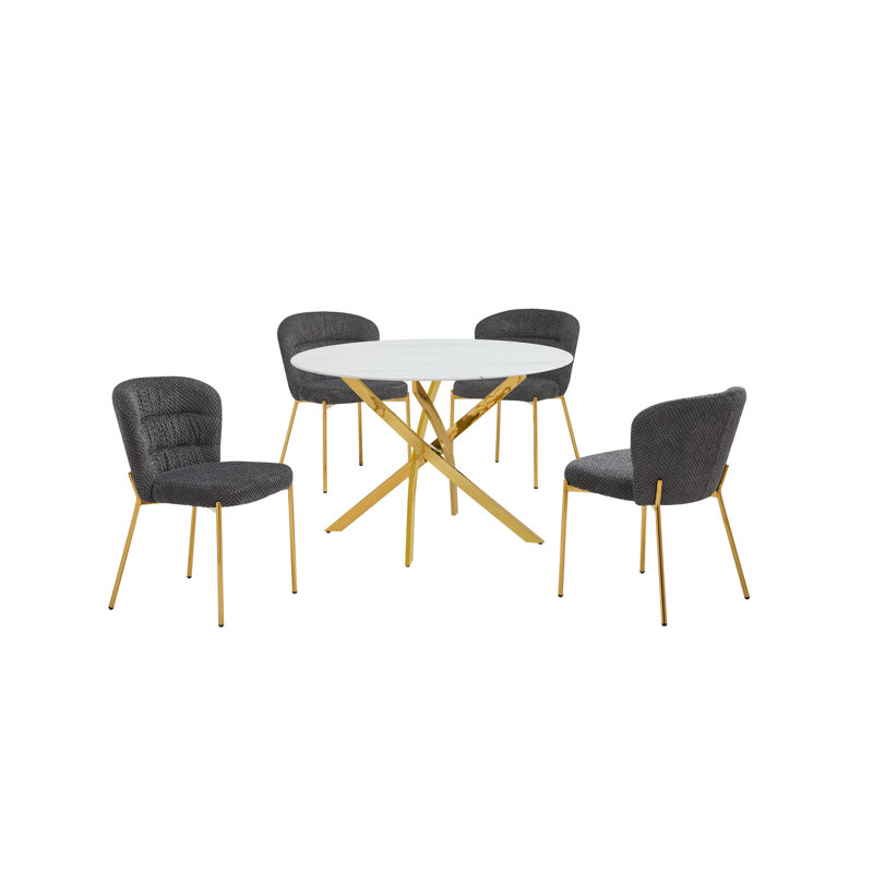 Ensemble de salle à manger circulaire en verre avec revêtement en marbre blanc avec chaises moelleuses, Gris foncé