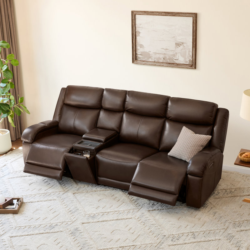 Canapé inclinable électrique en cuir véritable Zachery avec console multifonctionnelle, Marron foncé, 3