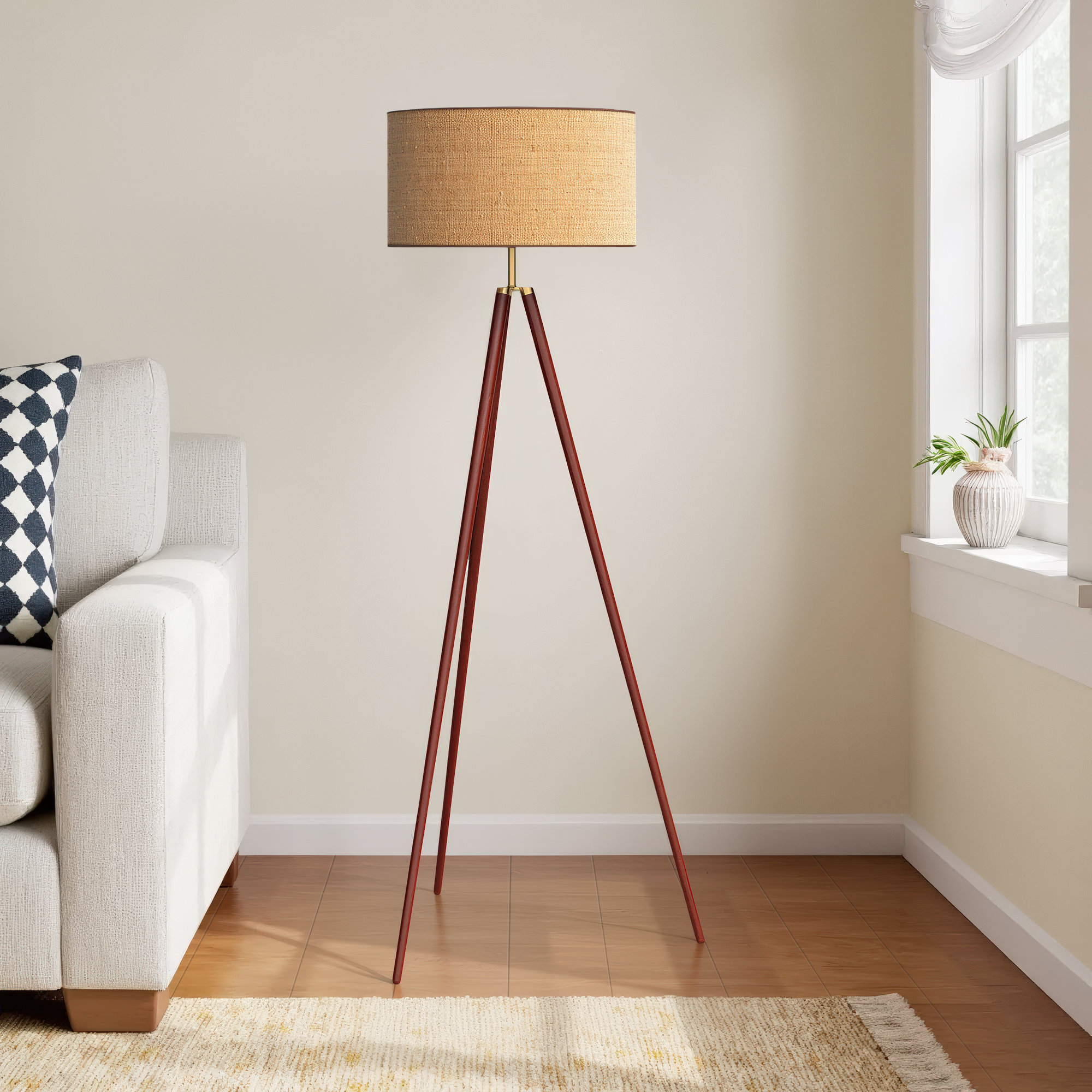 Kisa 60.5'' Dimmable Floor Lamp, Woven Natural Rattan Shade w. Beige Trim, Walnut Wood w. Antique Brass Accents