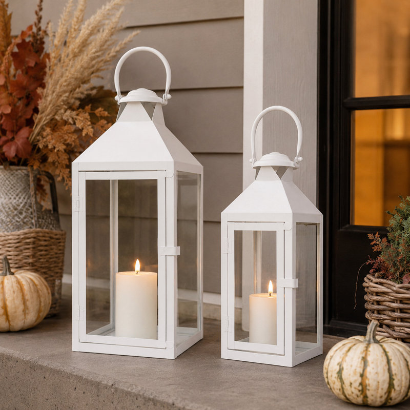 JHY DESIGN Set of 2 Metal Lanterns with Tempered Glass Farmhouse Candle Holders, White