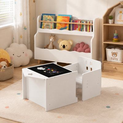 Kids Convertible Table and Chair Set, 2‑in‑1 Toddler Activity Play Table with Chalkboard Top, Multi‑Function Wooden Kids Furniture for Drawing, Reading, Playroom, Nursery