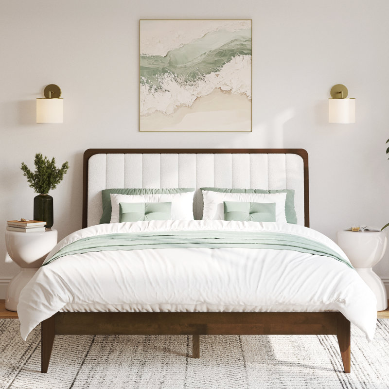 Bethelmie Solid Wood Upholstered Headboard Bed Frame, Queen, Walnut/Brown