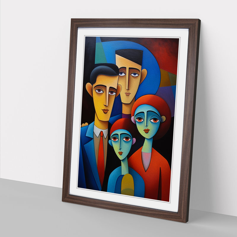 Loving Family Hard Edge Painting - Single Picture Frame Print on Wood, Walnut Framed, 34cm H x 25cm W x 2cm D