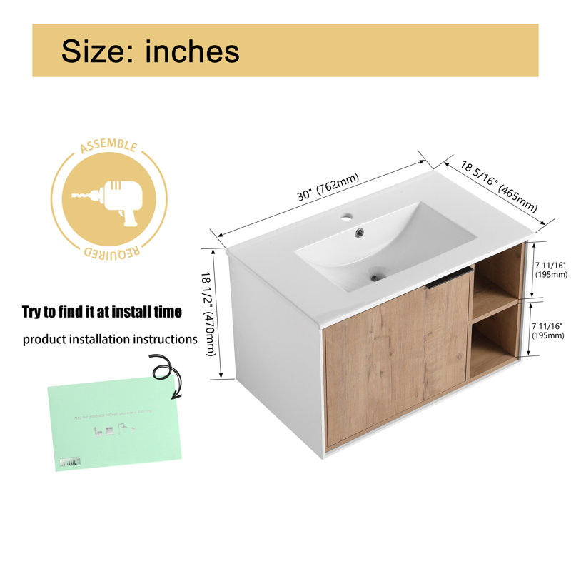 Natasha 30" Single Sink Wall Mounted Bathroom Vanity,Floating Vanity with 1 Door and White Ceramic Sink Top