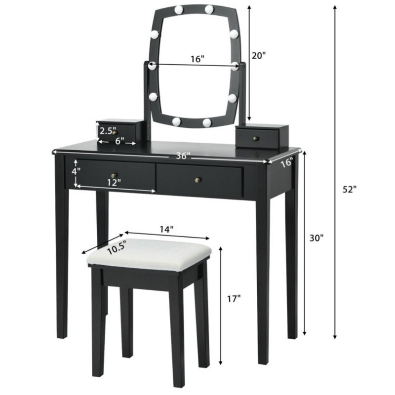 Ensemble de coiffeuse avec miroir lumineux pour chambre à coucher et vestiaire, Noir