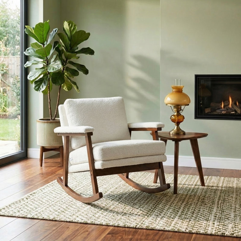 Chaise berçante d'appoint moderne rembourrée avec structure en bois, coussin à haute densité, coussin de siège amovible, coussin de dossier et d'accoudoirs